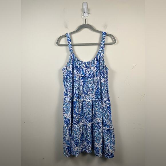 Lilly Pulitzer Blue and White Floral Tiered Swing Cotton Dress Size Large EUC - Picture 2 of 8